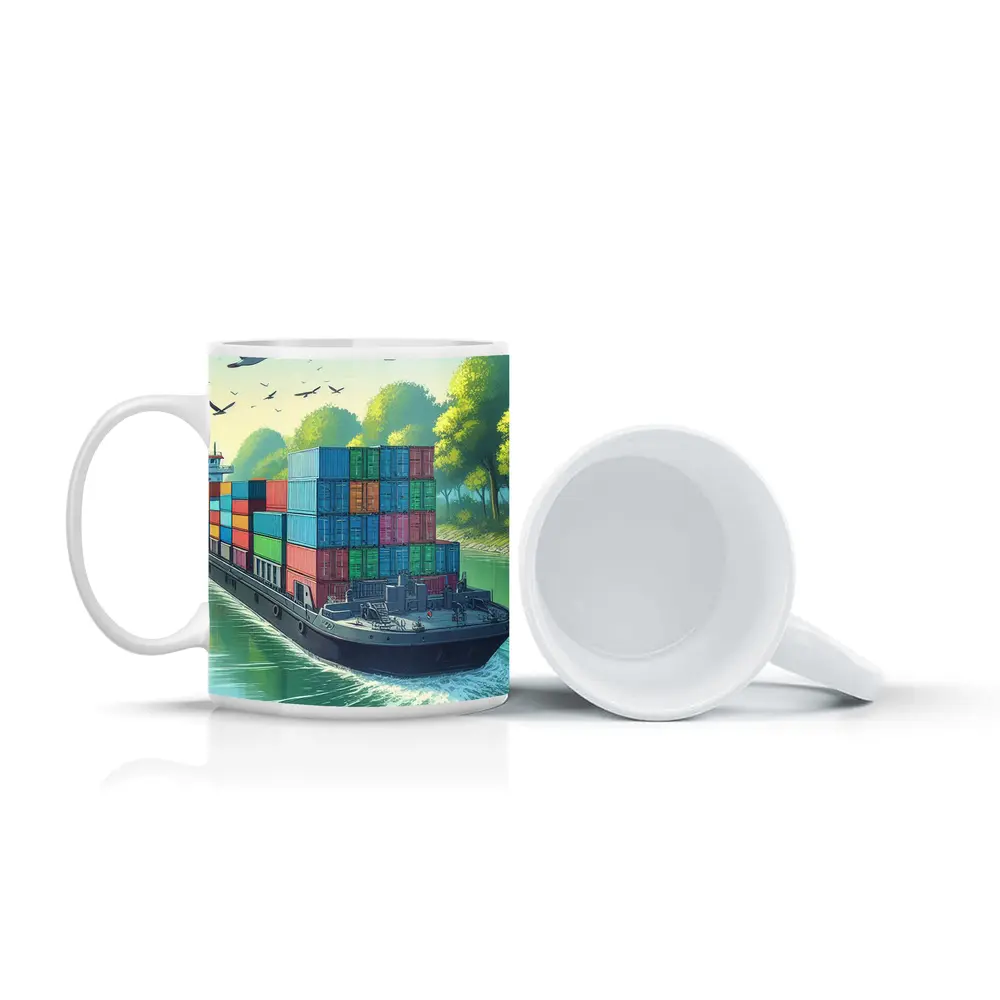 Container Ship Sailing Green Canal Illustration – Mugs