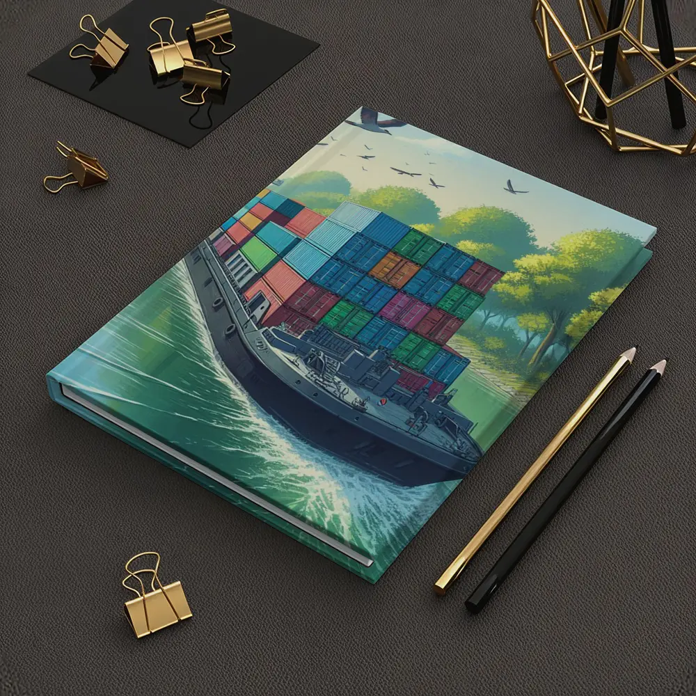 Container Ship Sailing Green Canal Illustration – Notebooks