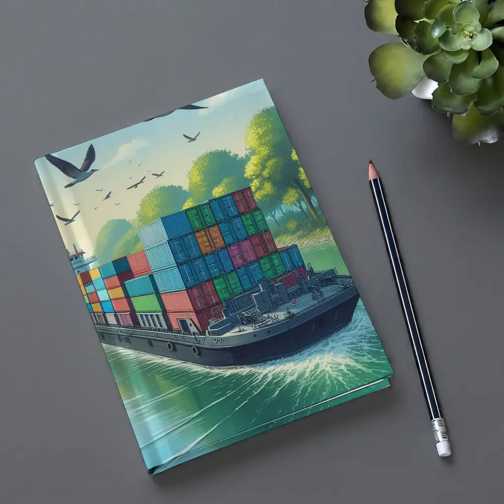 Container Ship Sailing Green Canal Illustration – Notebooks