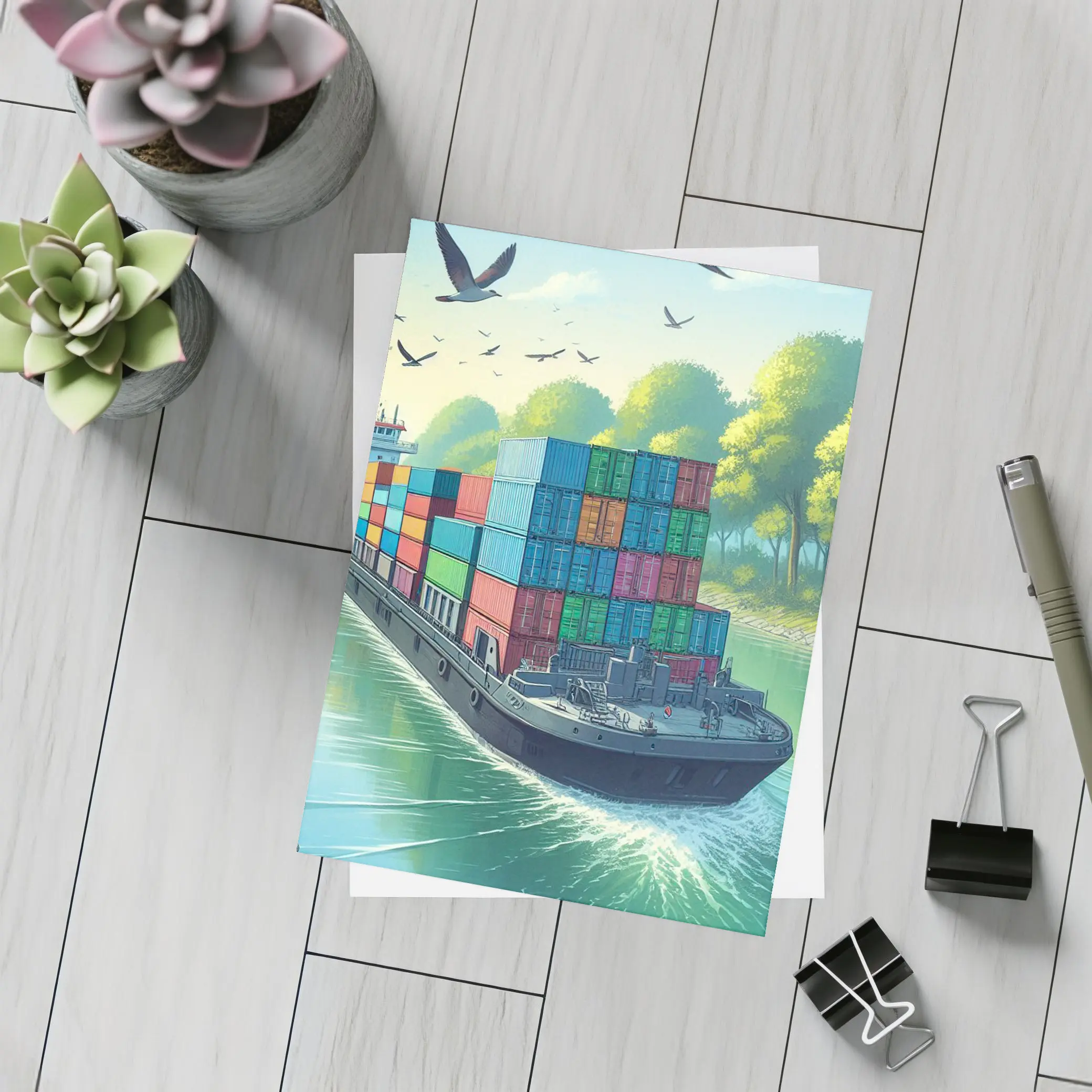 Container Ship Sailing Green Canal Illustration – Postcards