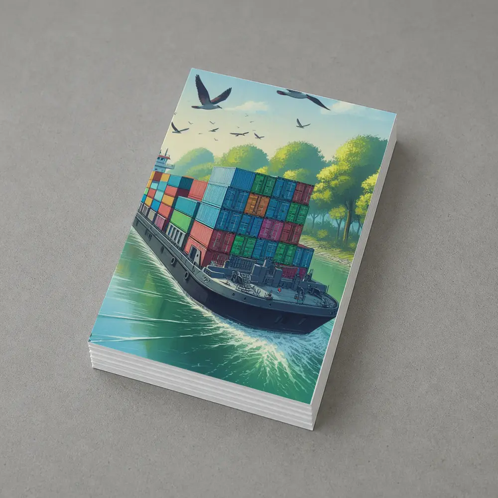 Container Ship Sailing Green Canal Illustration – Postcards