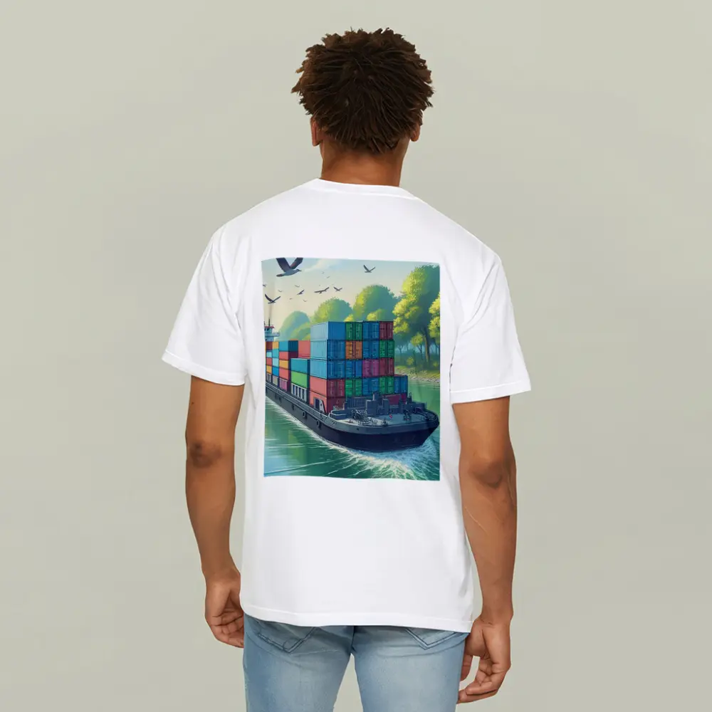 Container Ship Sailing Green Canal Illustration – T-Shirts