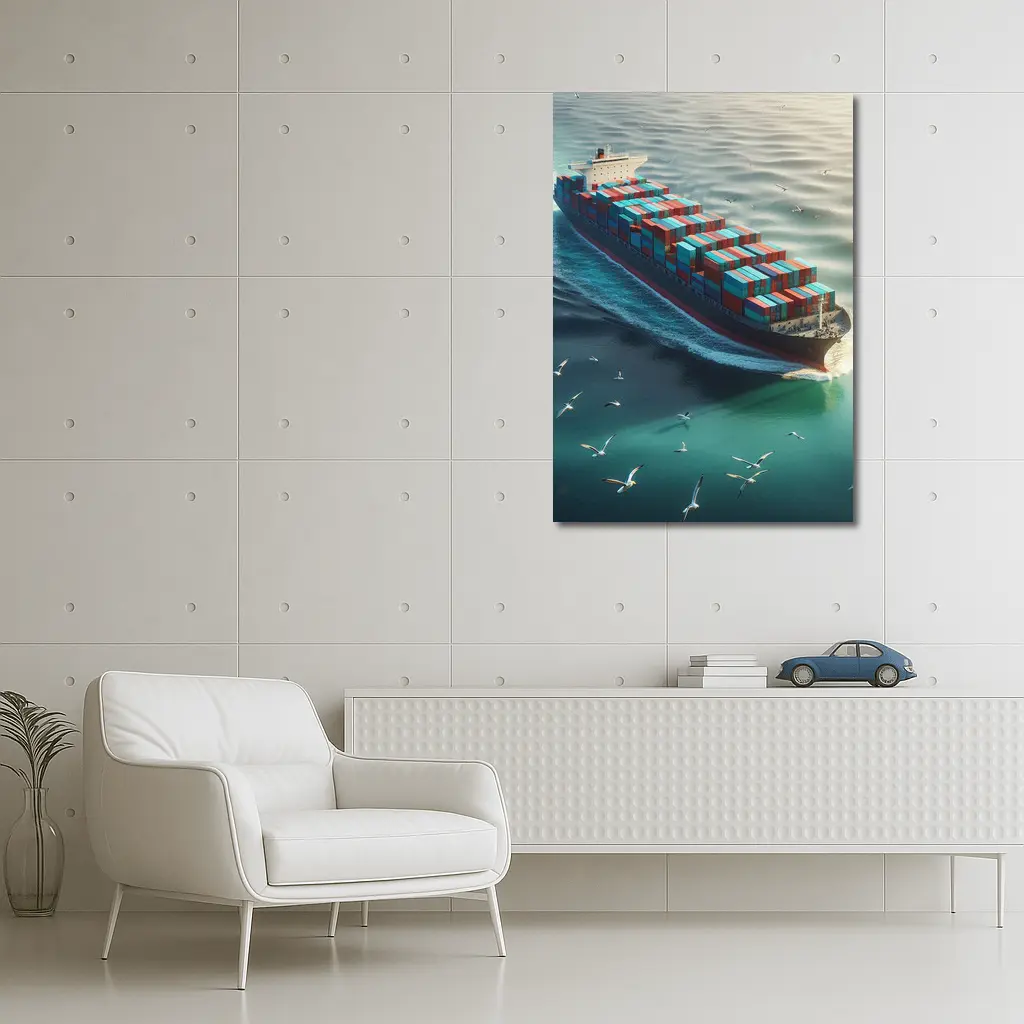 Container Ship Sailing Teal Ocean With Seagulls – Wall Art