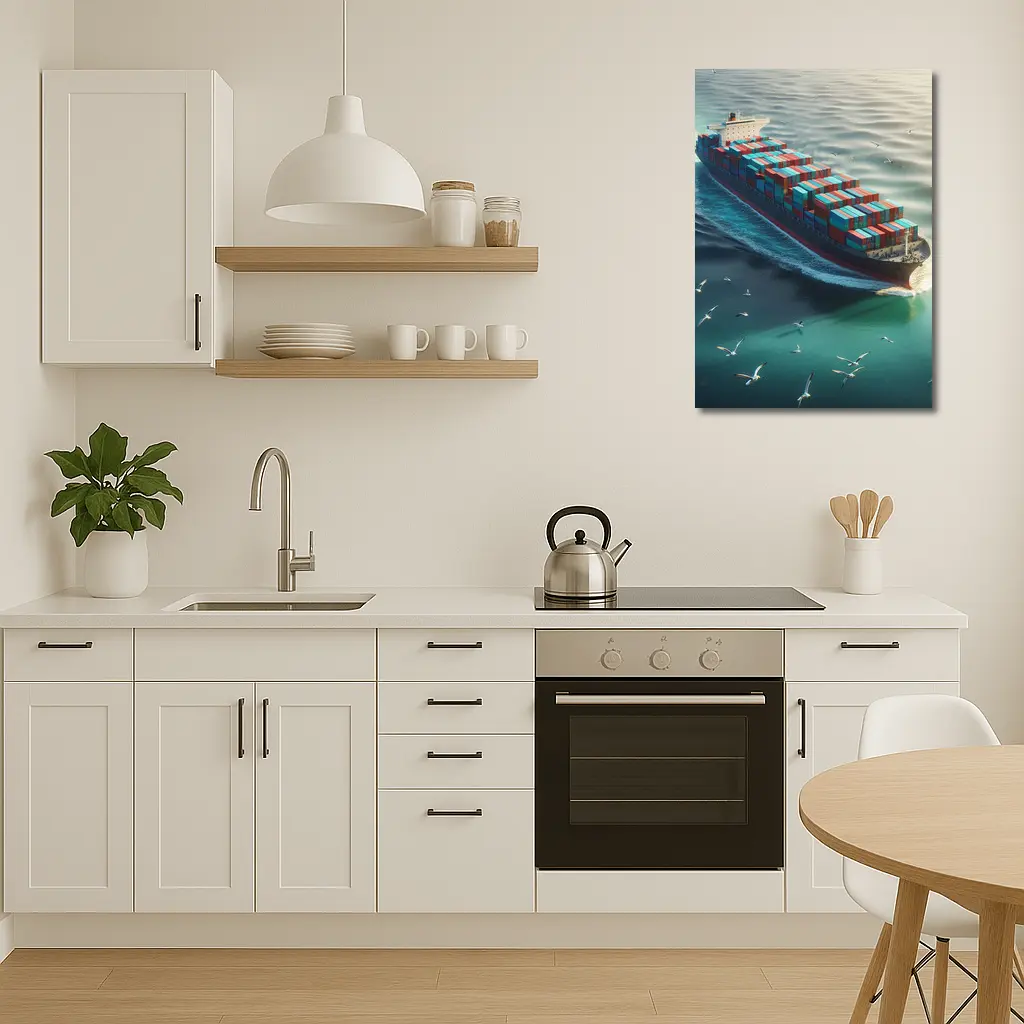 Container Ship Sailing Teal Ocean With Seagulls – Wall Art