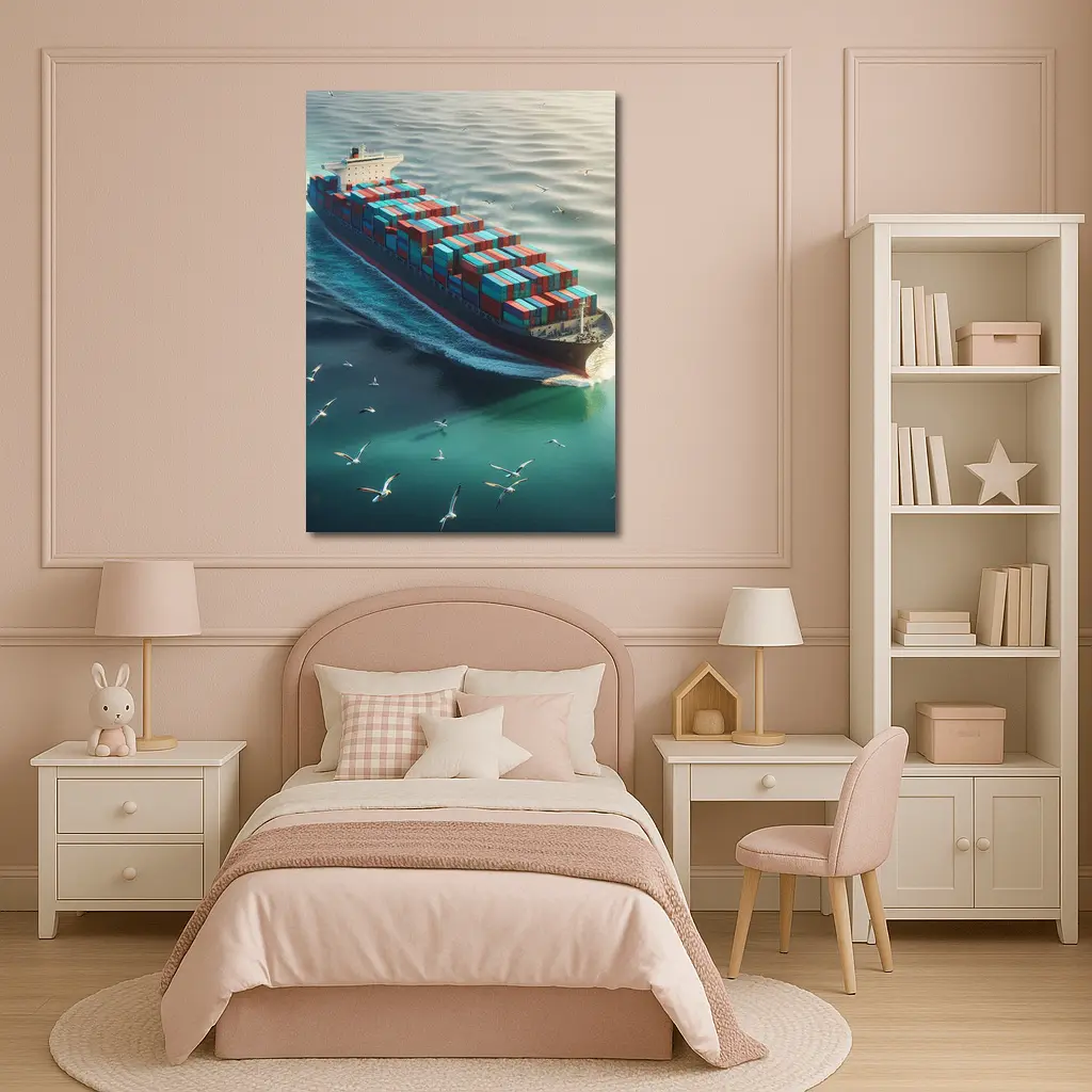 Container Ship Sailing Teal Ocean With Seagulls – Wall Art
