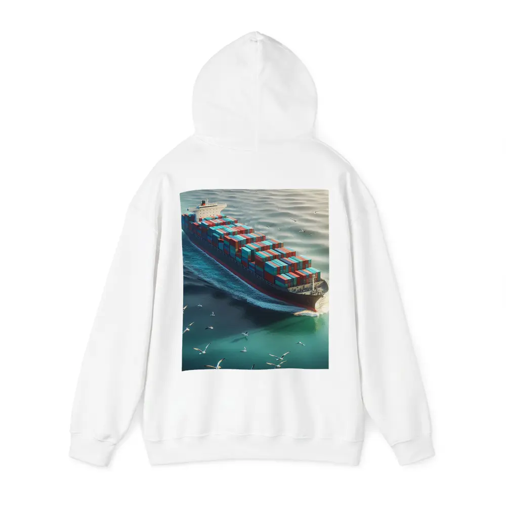 Container Ship Sailing Teal Ocean With Seagulls – Hoodies