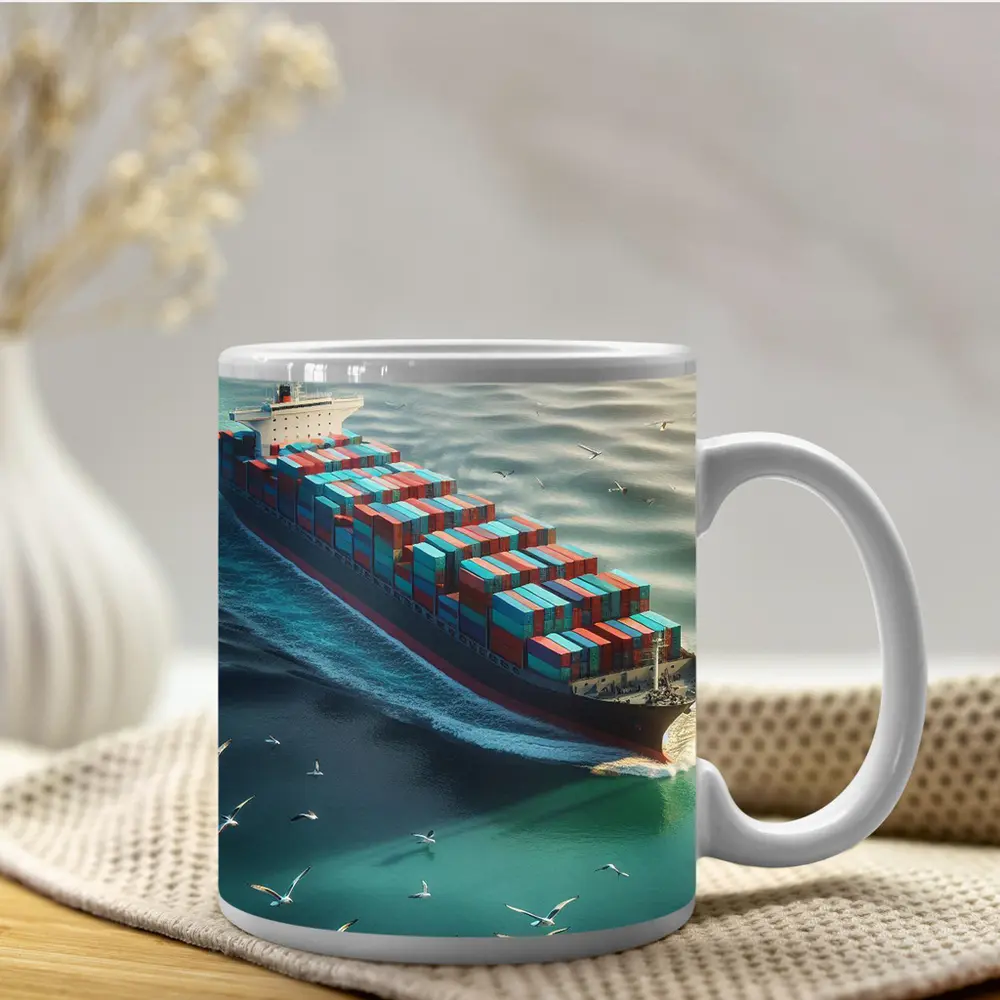 Container Ship Sailing Teal Ocean With Seagulls – Mugs