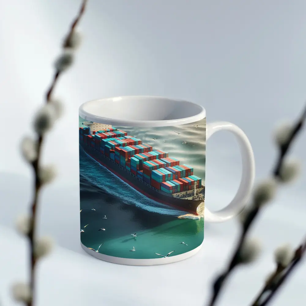 Container Ship Sailing Teal Ocean With Seagulls – Mugs