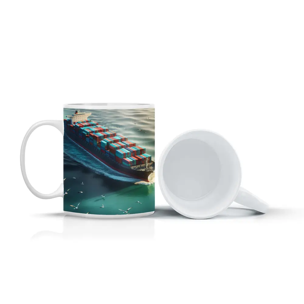 Container Ship Sailing Teal Ocean With Seagulls – Mugs