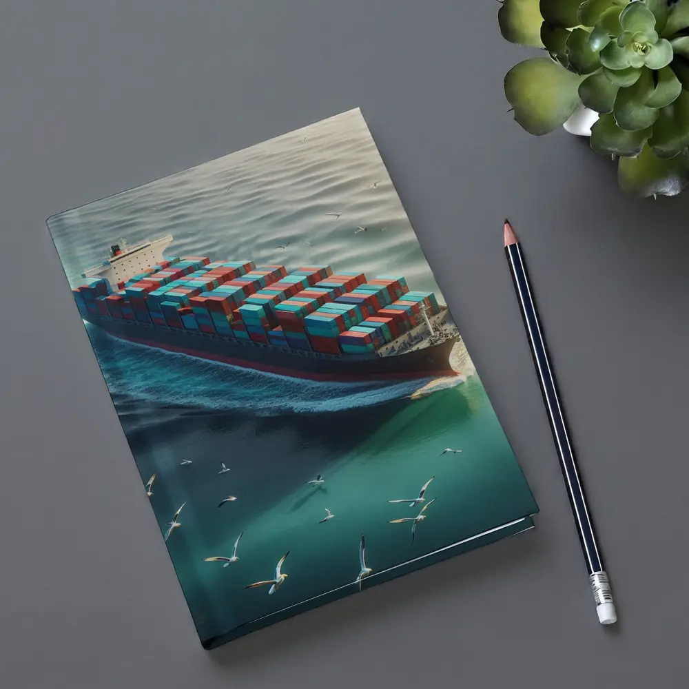 Container Ship Sailing Teal Ocean With Seagulls – Notebooks