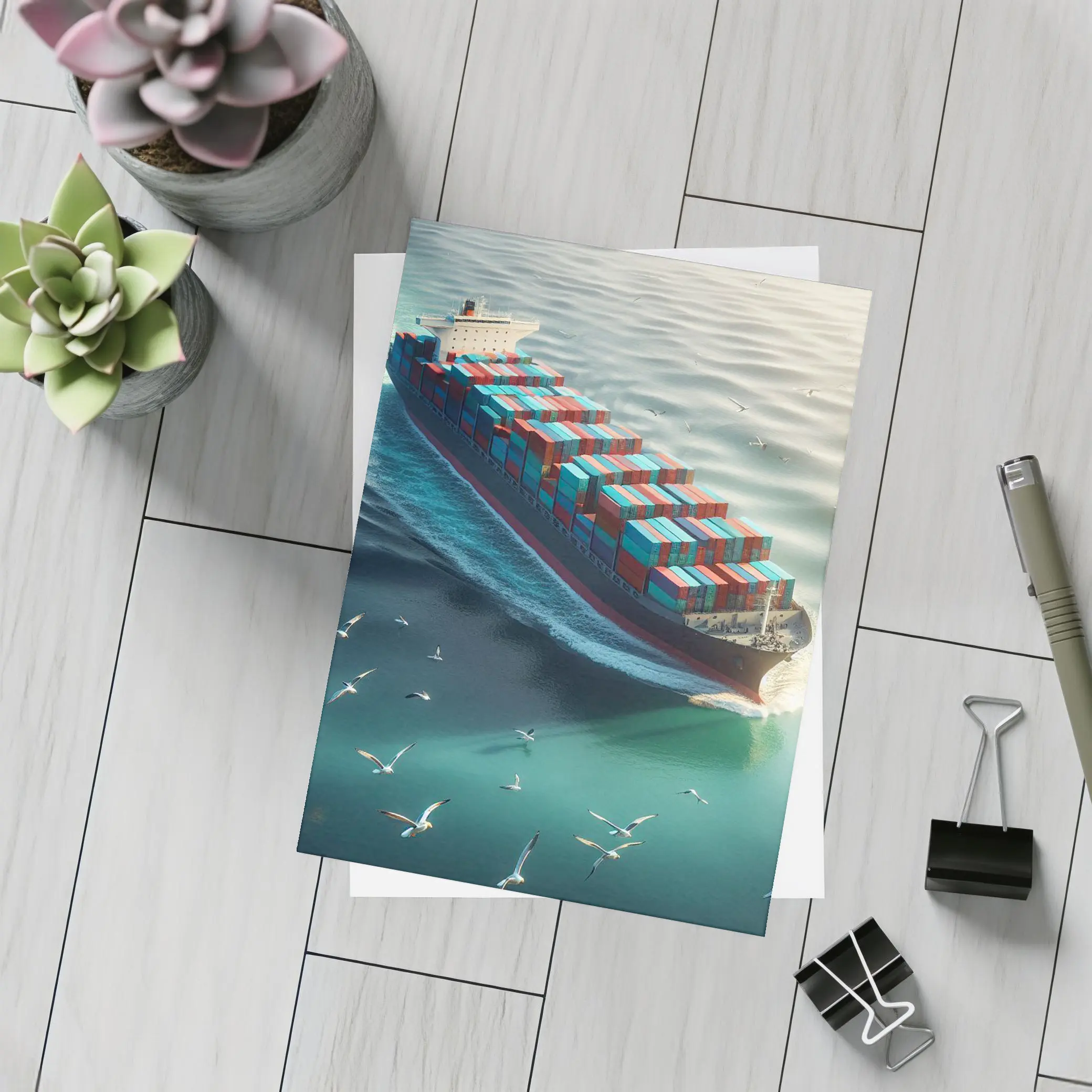 Container Ship Sailing Teal Ocean With Seagulls – Postcards