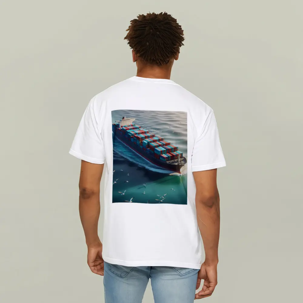 Container Ship Sailing Teal Ocean With Seagulls – T-Shirts