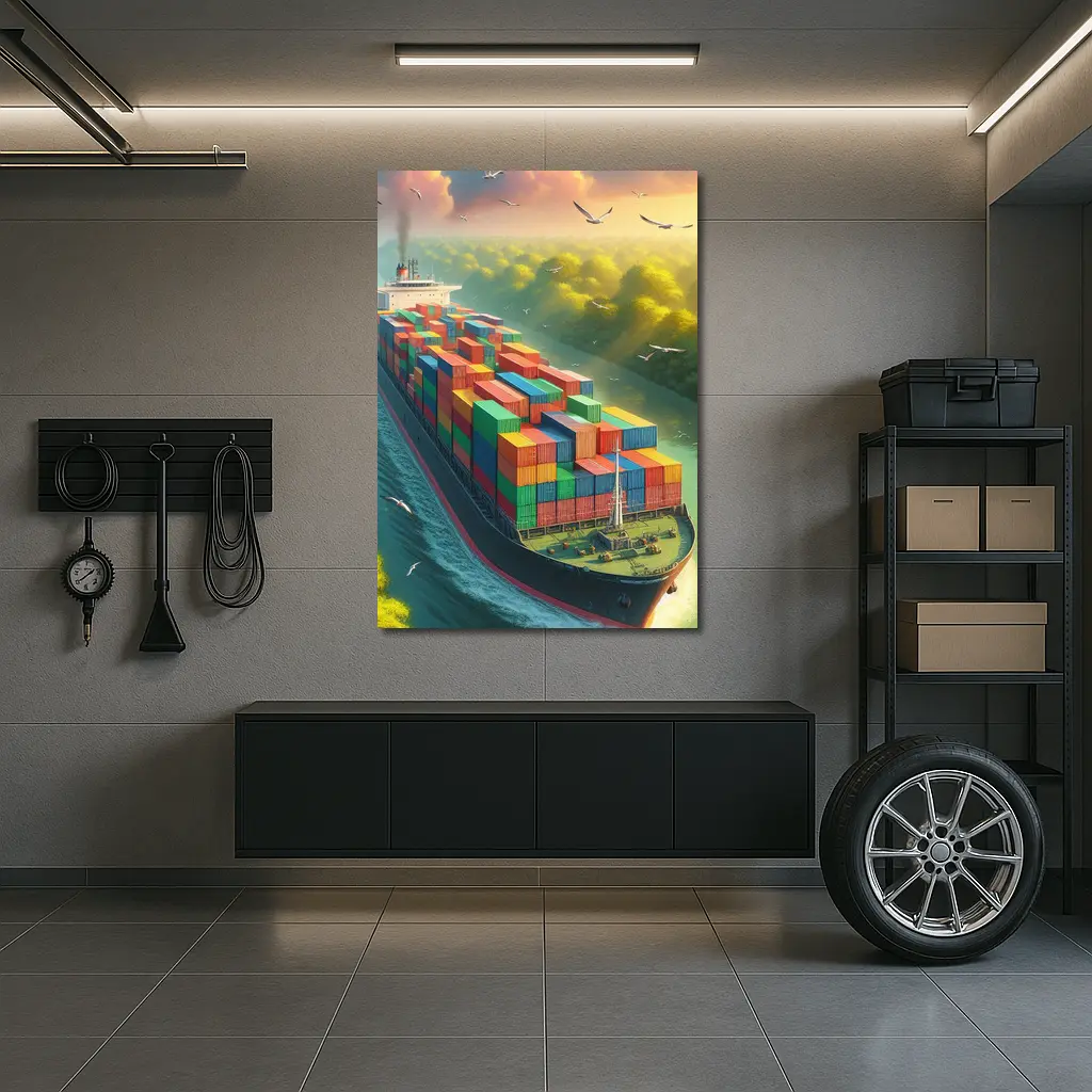 Container Ship Sailing Through Green Canal – Wall Art