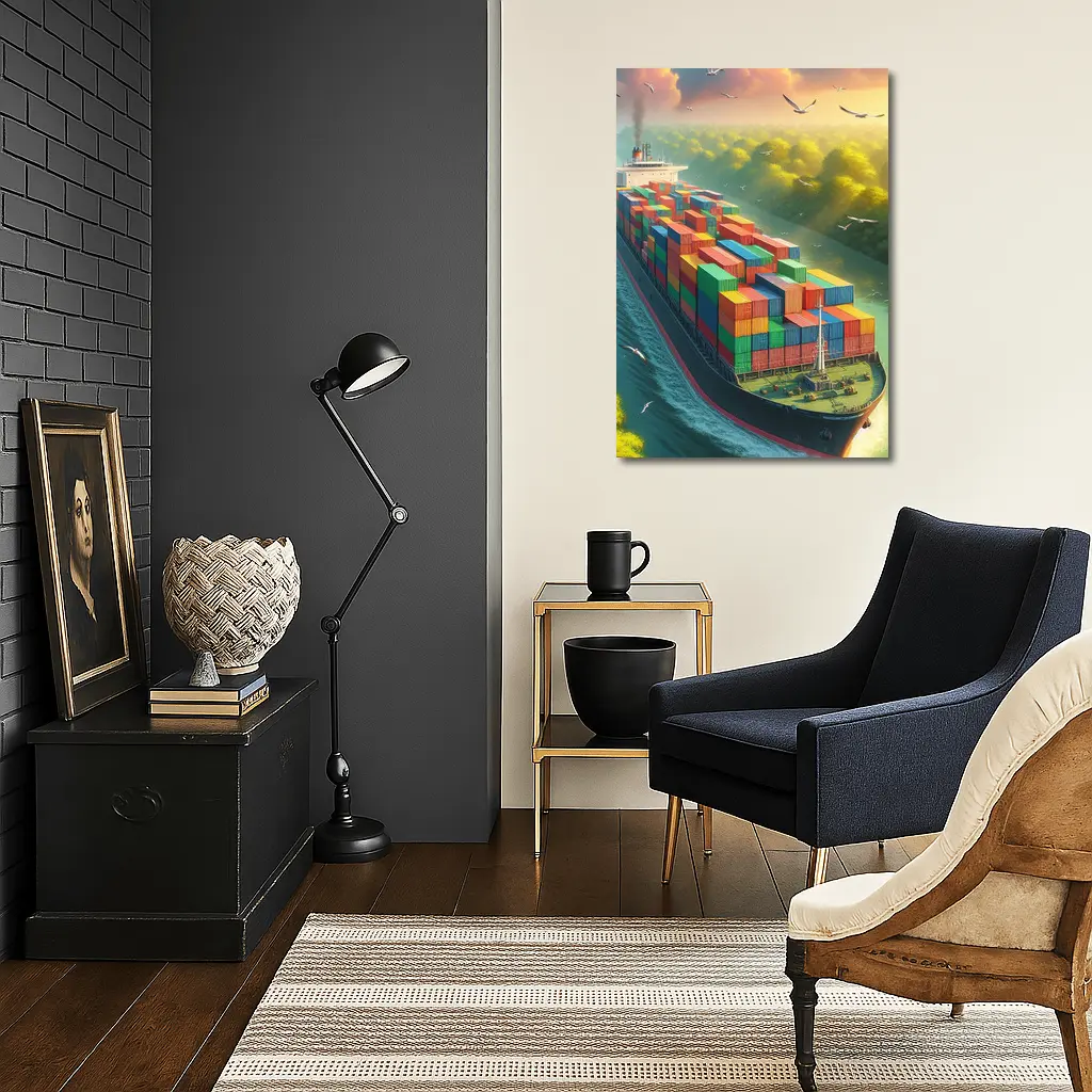 Container Ship Sailing Through Green Canal – Wall Art