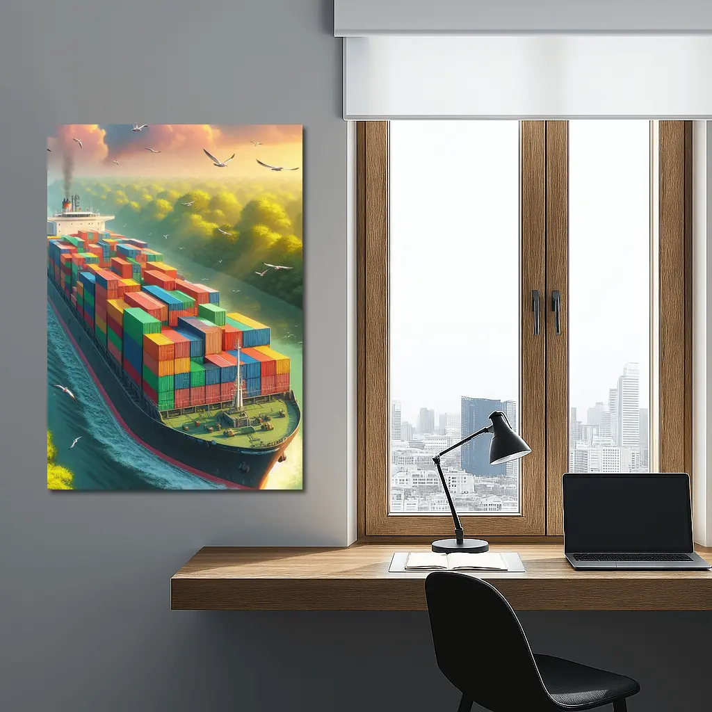 Container Ship Sailing Through Green Canal – Wall Art