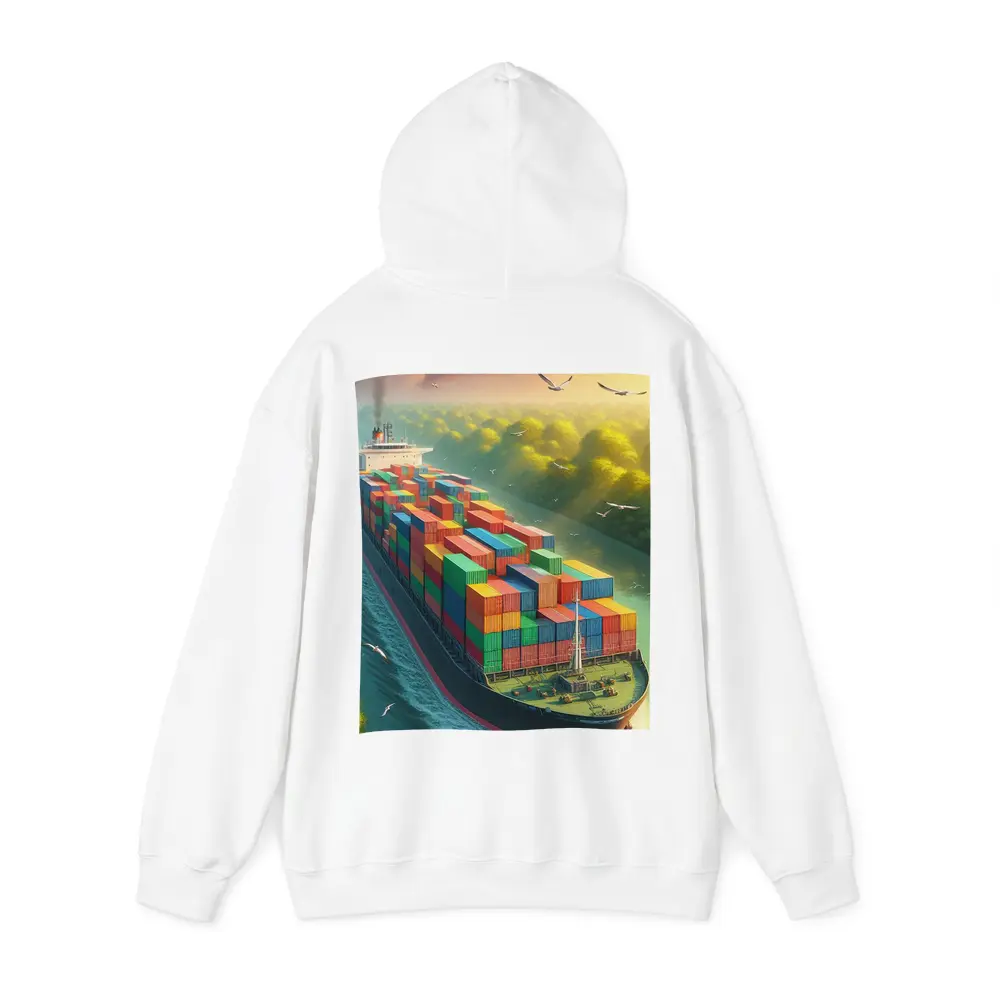 Container Ship Sailing Through Green Canal – Hoodies