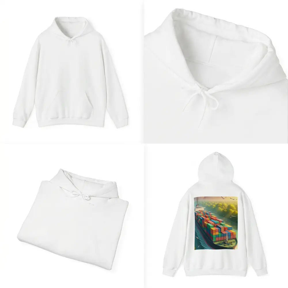 Container Ship Sailing Through Green Canal – Hoodies