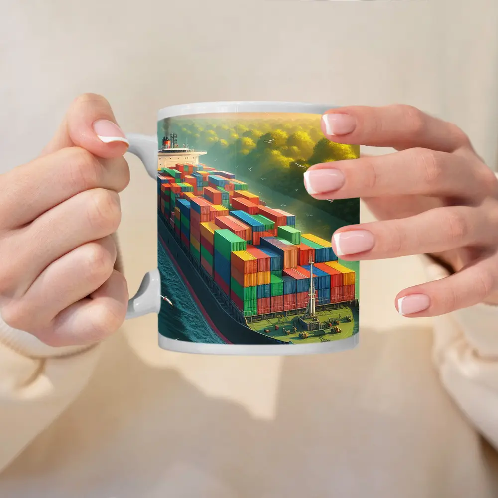 Container Ship Sailing Through Green Canal – Mugs