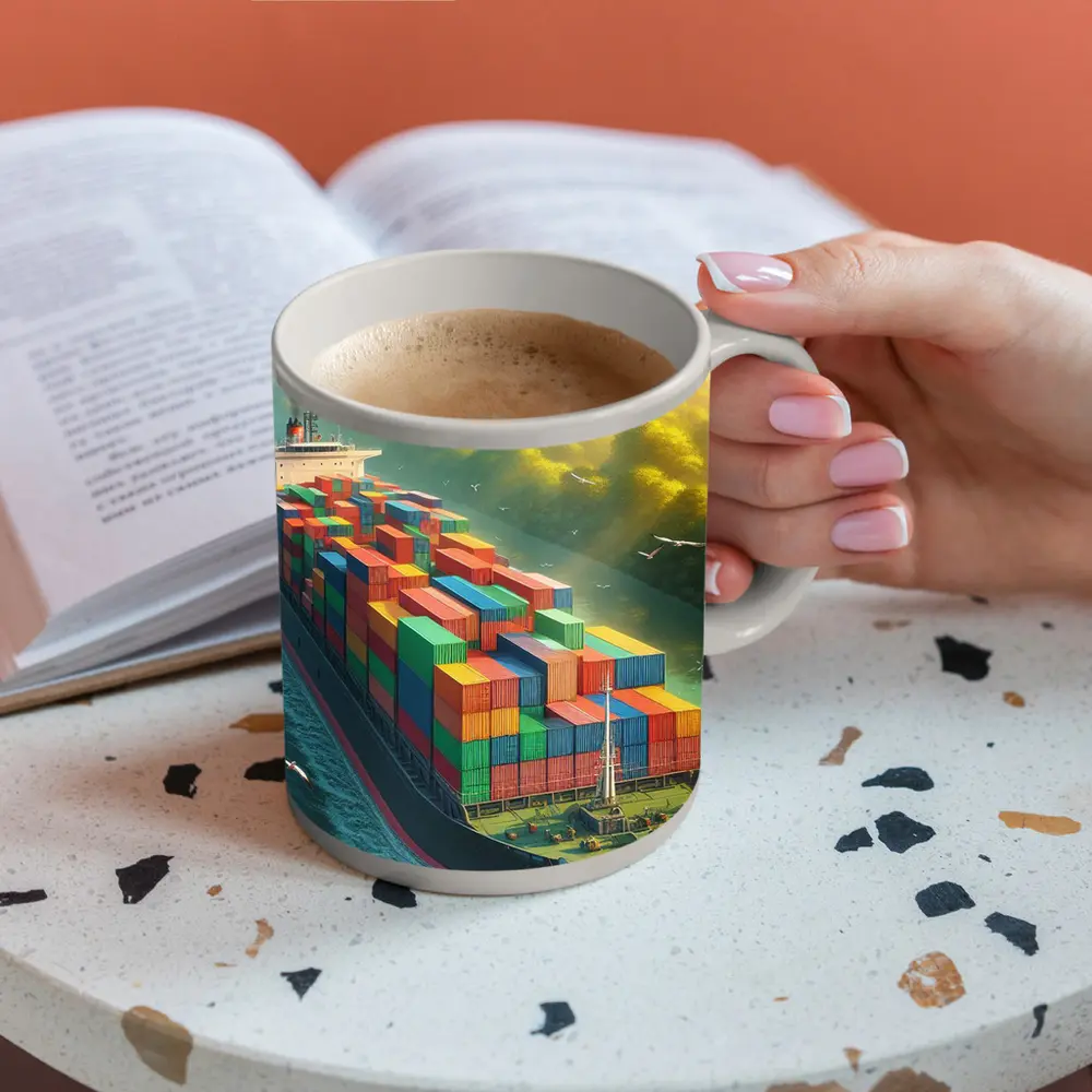 Container Ship Sailing Through Green Canal – Mugs