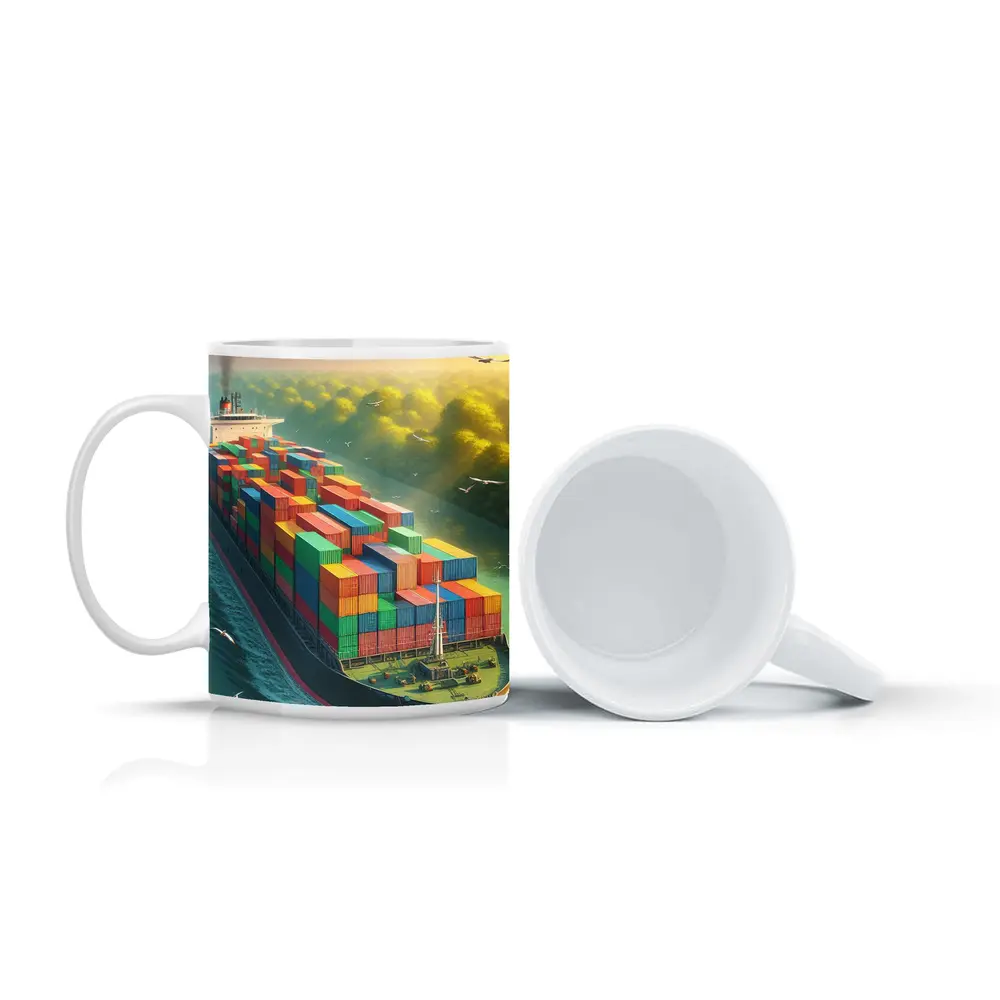 Container Ship Sailing Through Green Canal – Mugs