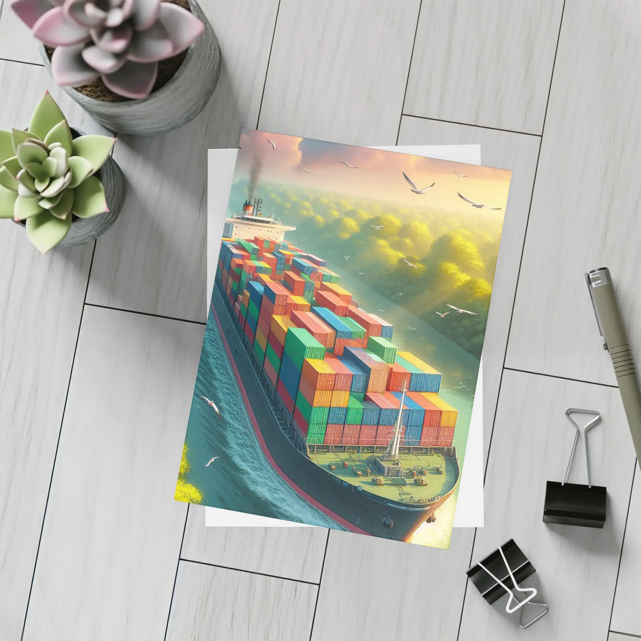 Container Ship Sailing Through Green Canal – Postcards