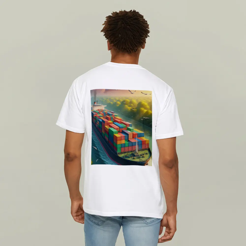 Container Ship Sailing Through Green Canal – T-Shirts