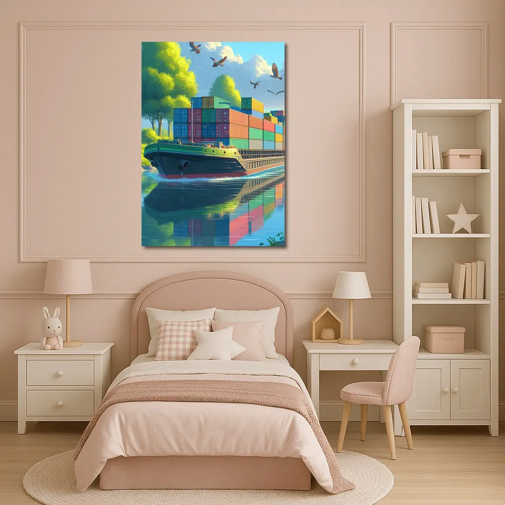 Container Ship Sailing River Colorful Cartoon Art – Wall Art