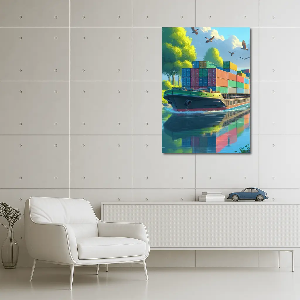 Container Ship Sailing River Colorful Cartoon Art – Wall Art