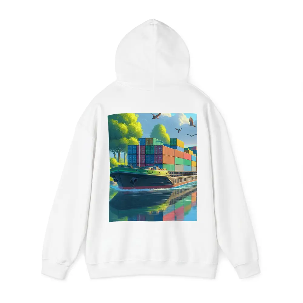 Container Ship Sailing River Colorful Cartoon Art – Hoodies