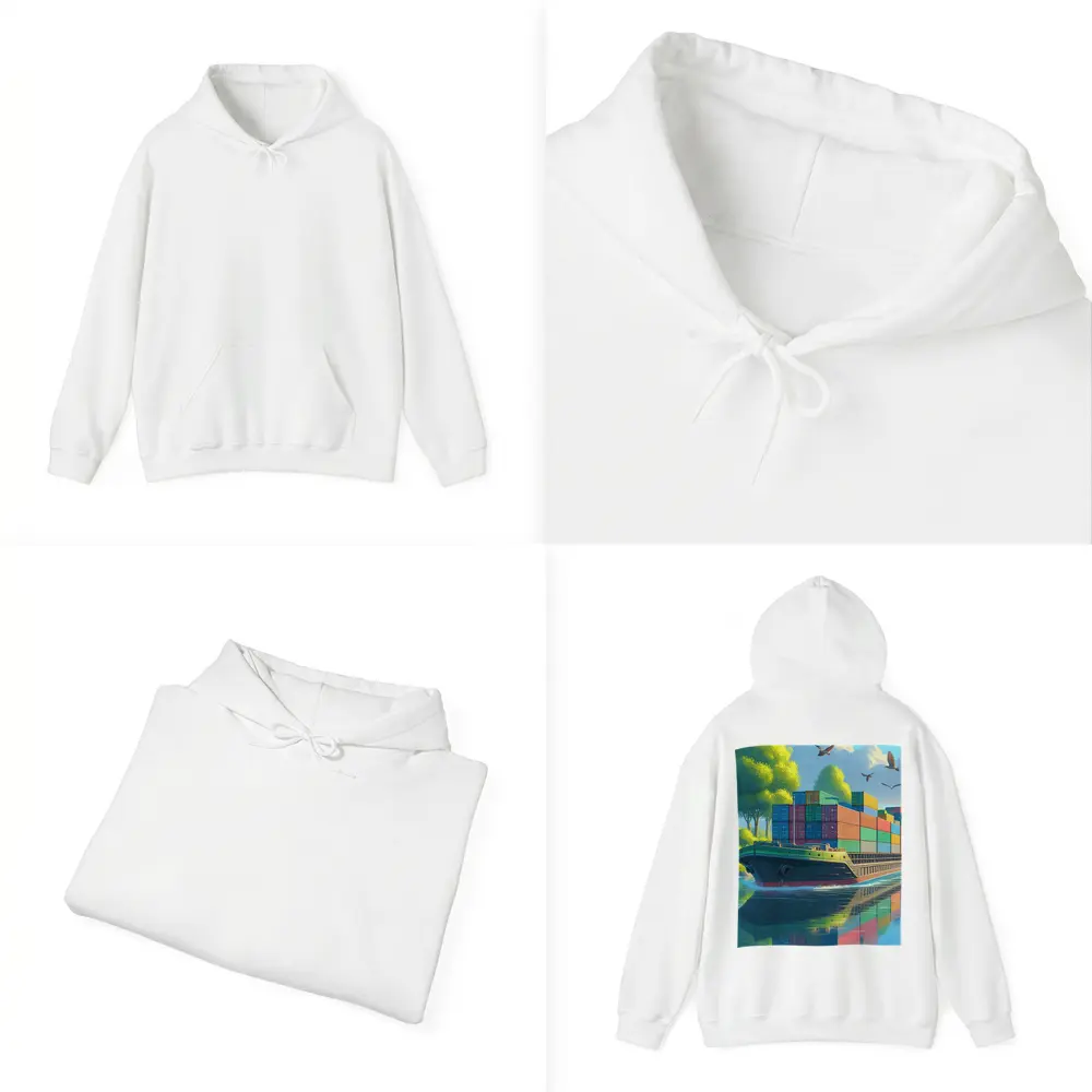 Container Ship Sailing River Colorful Cartoon Art – Hoodies