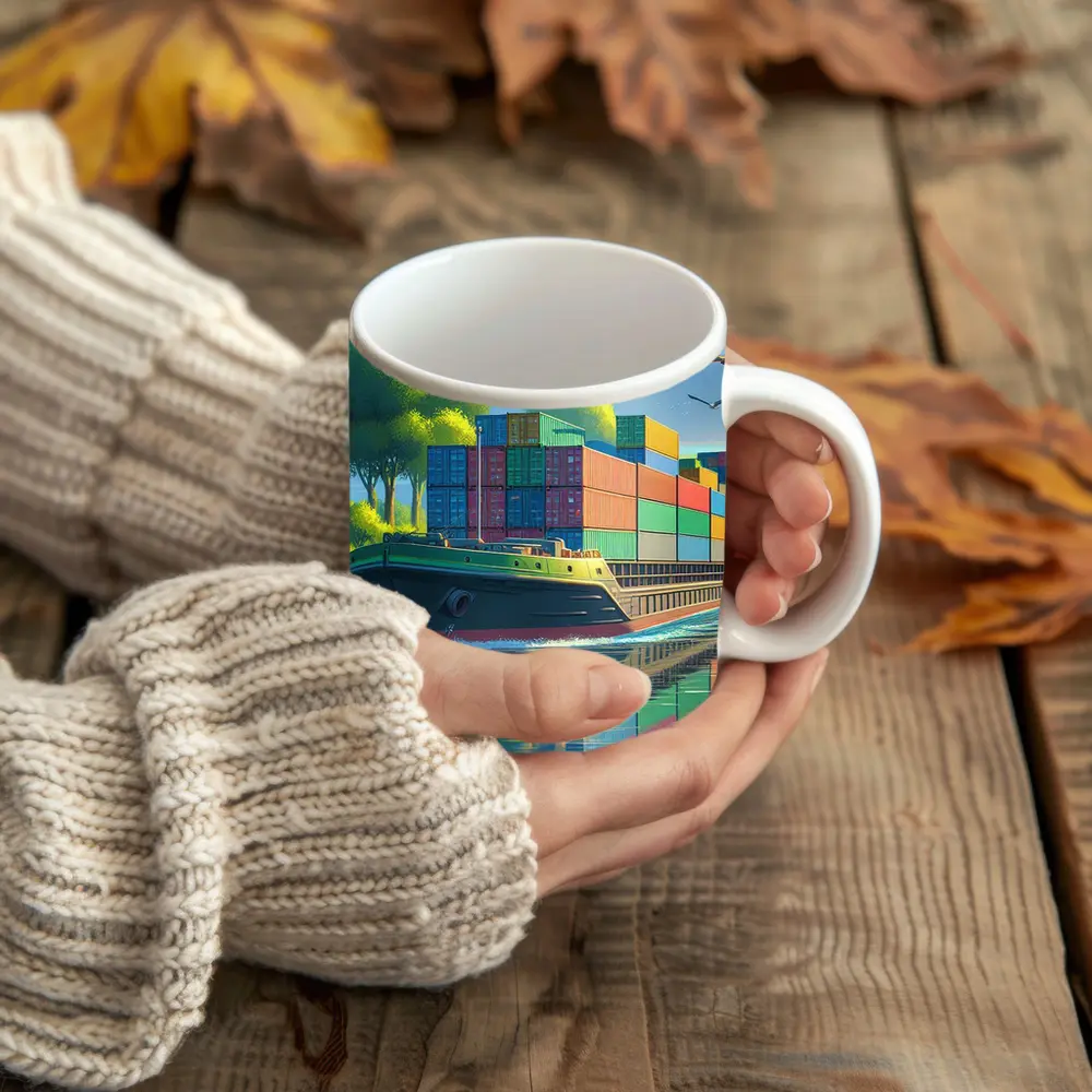Container Ship Sailing River Colorful Cartoon Art – Mugs