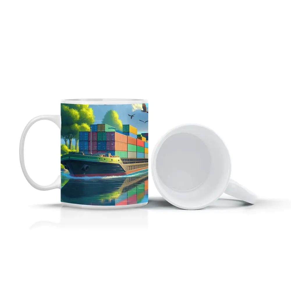 Container Ship Sailing River Colorful Cartoon Art – Mugs