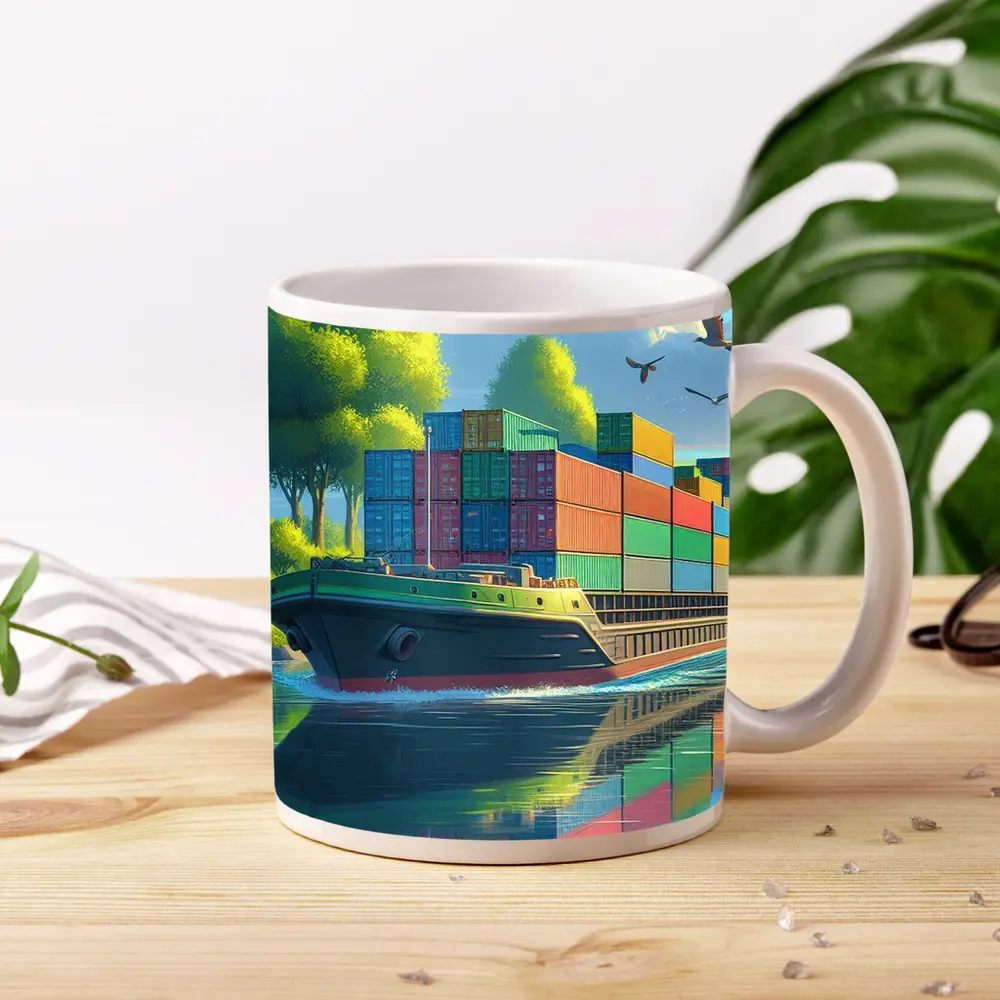 Container Ship Sailing River Colorful Cartoon Art – Mugs