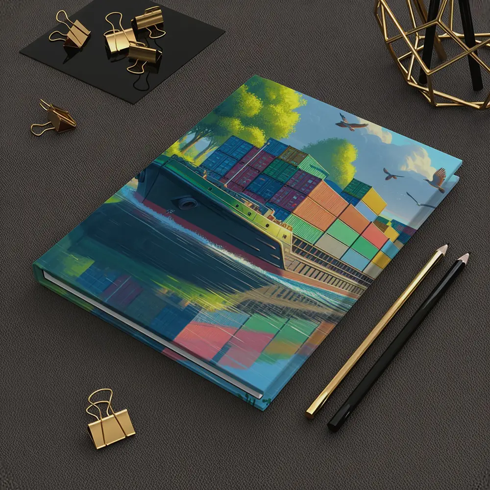 Container Ship Sailing River Colorful Cartoon Art – Notebooks