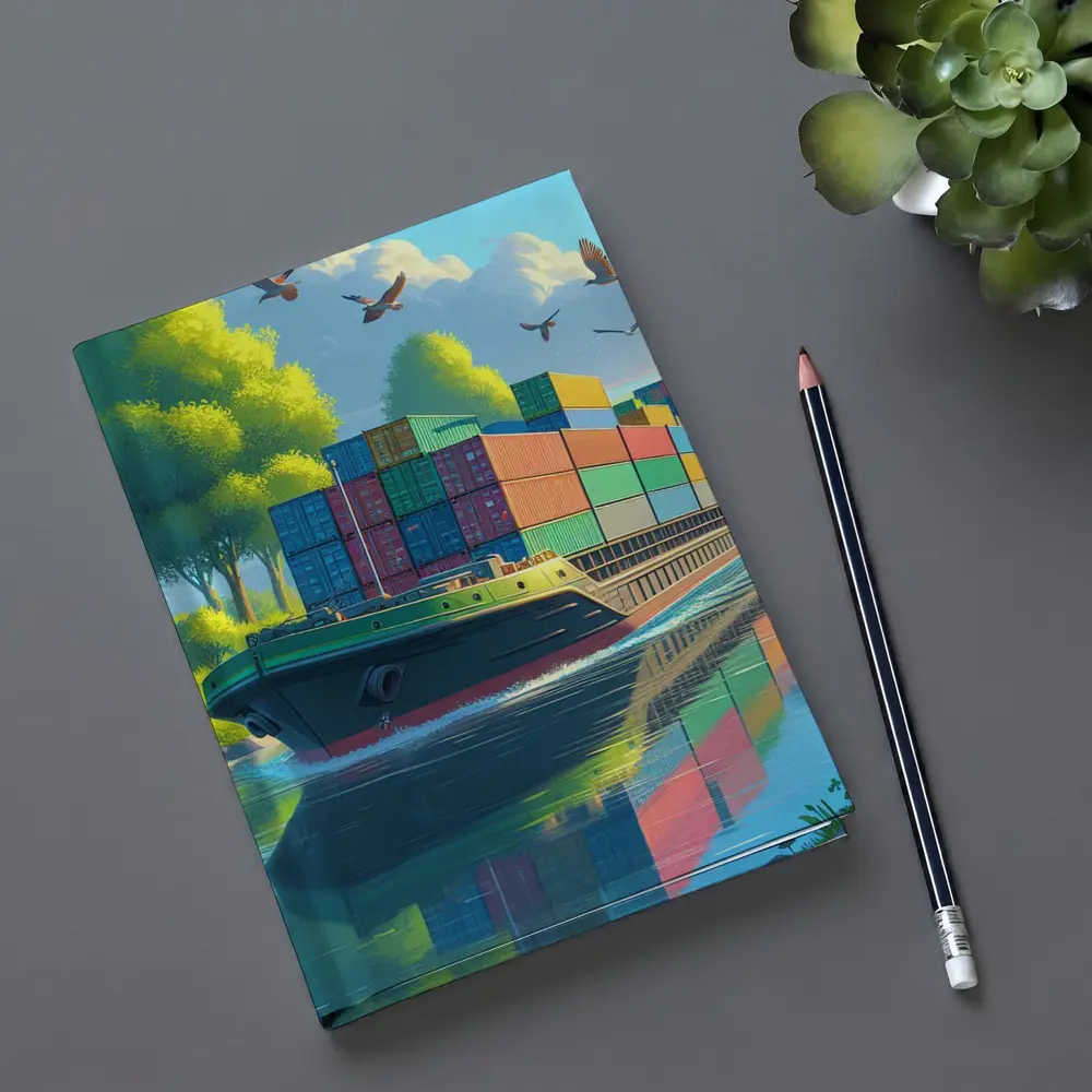 Container Ship Sailing River Colorful Cartoon Art – Notebooks