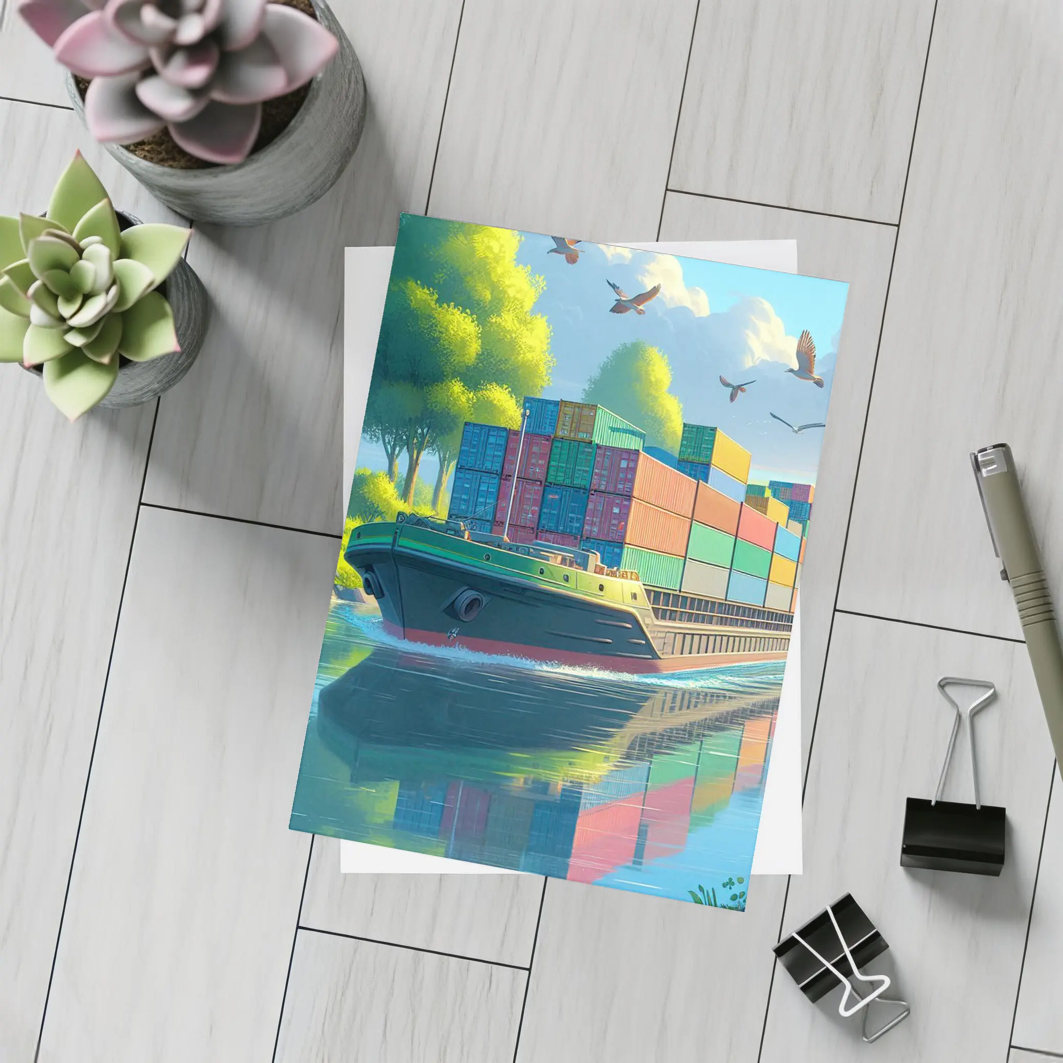 Container Ship Sailing River Colorful Cartoon Art – Postcards