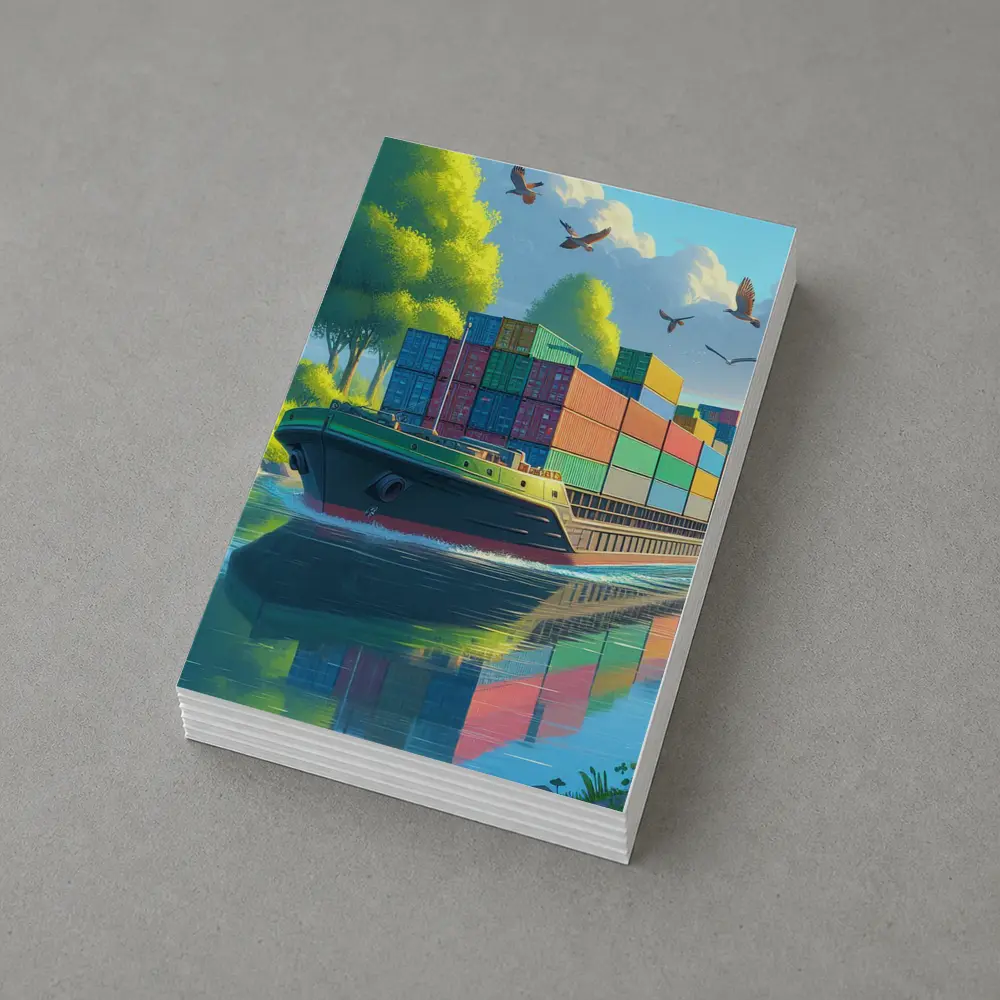 Container Ship Sailing River Colorful Cartoon Art – Postcards