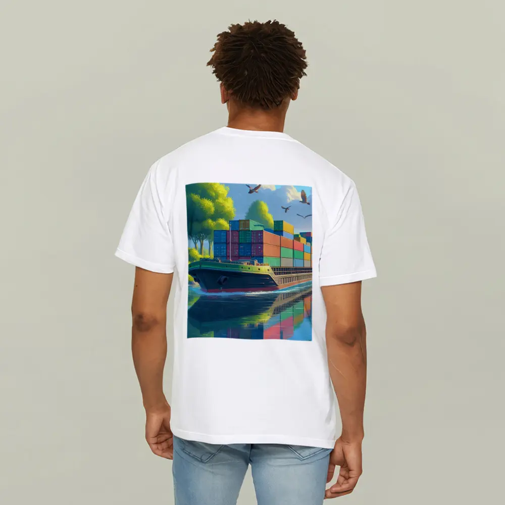 Container Ship Sailing River Colorful Cartoon Art – T-Shirts