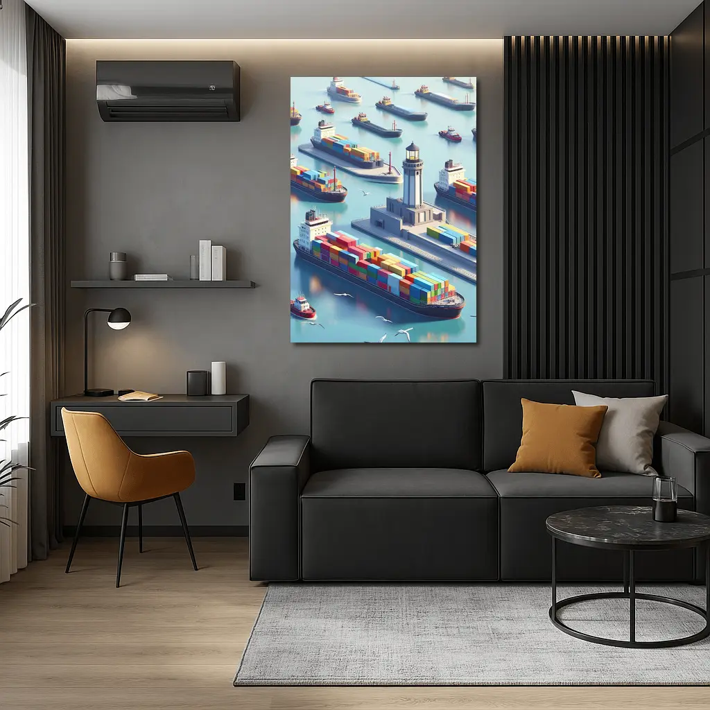Container Ships Harbor Lighthouse Isometric Art – Wall Art