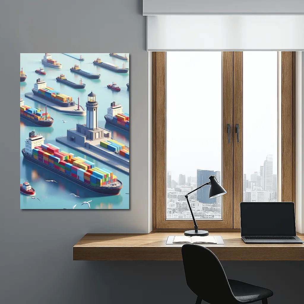 Container Ships Harbor Lighthouse Isometric Art – Wall Art