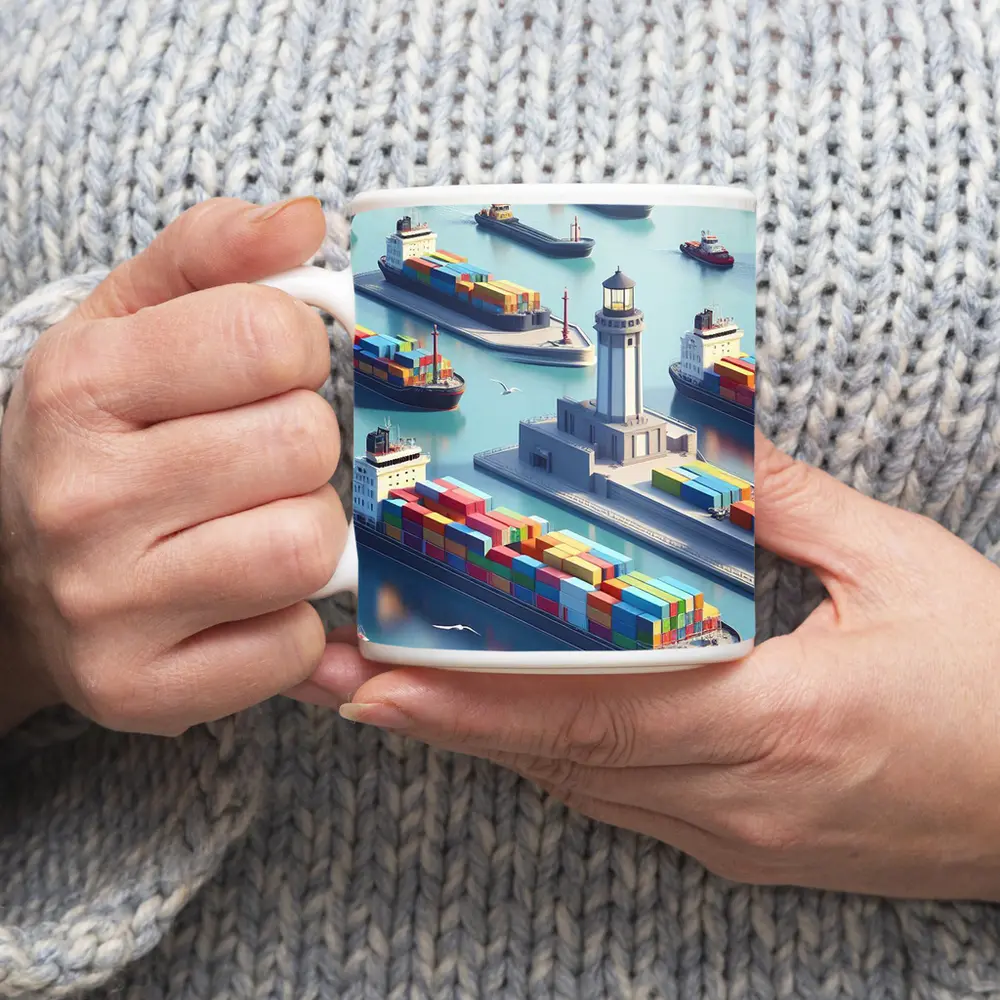 Container Ships Harbor Lighthouse Isometric Art – Mugs