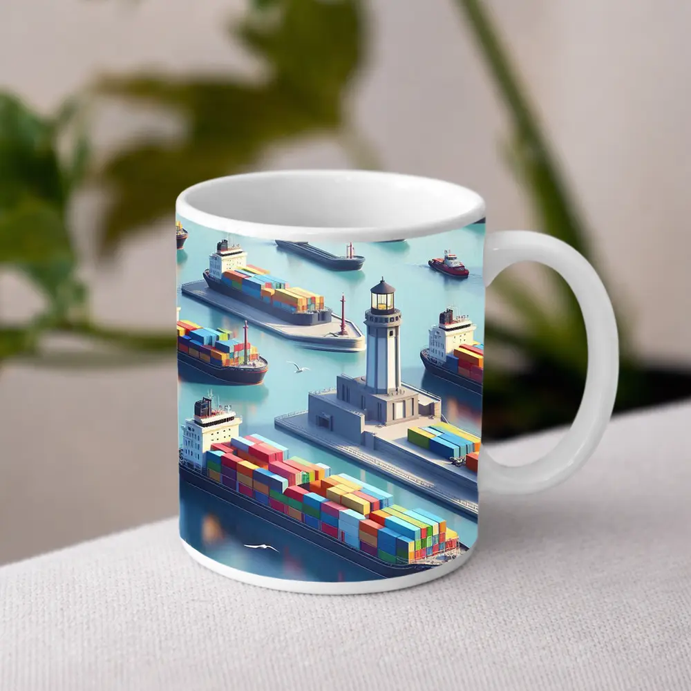 Container Ships Harbor Lighthouse Isometric Art – Mugs