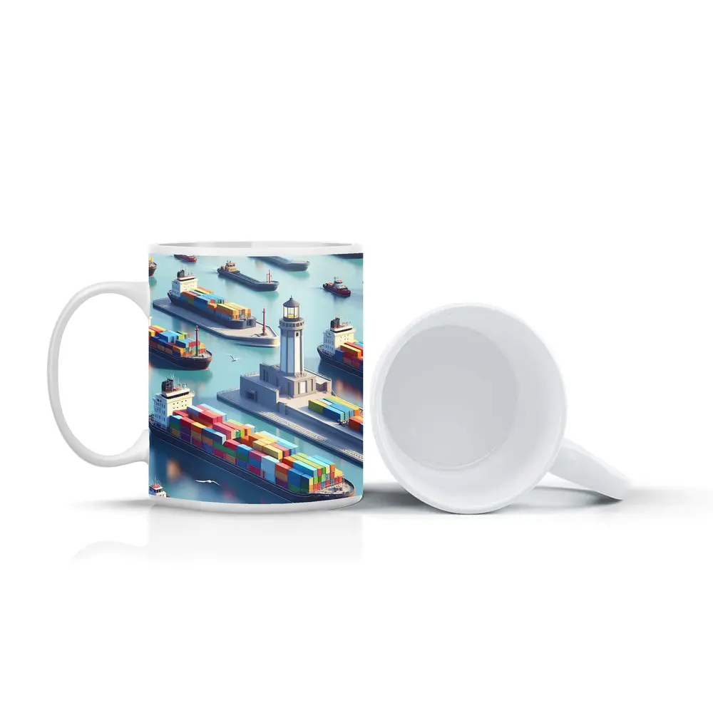 Container Ships Harbor Lighthouse Isometric Art – Mugs