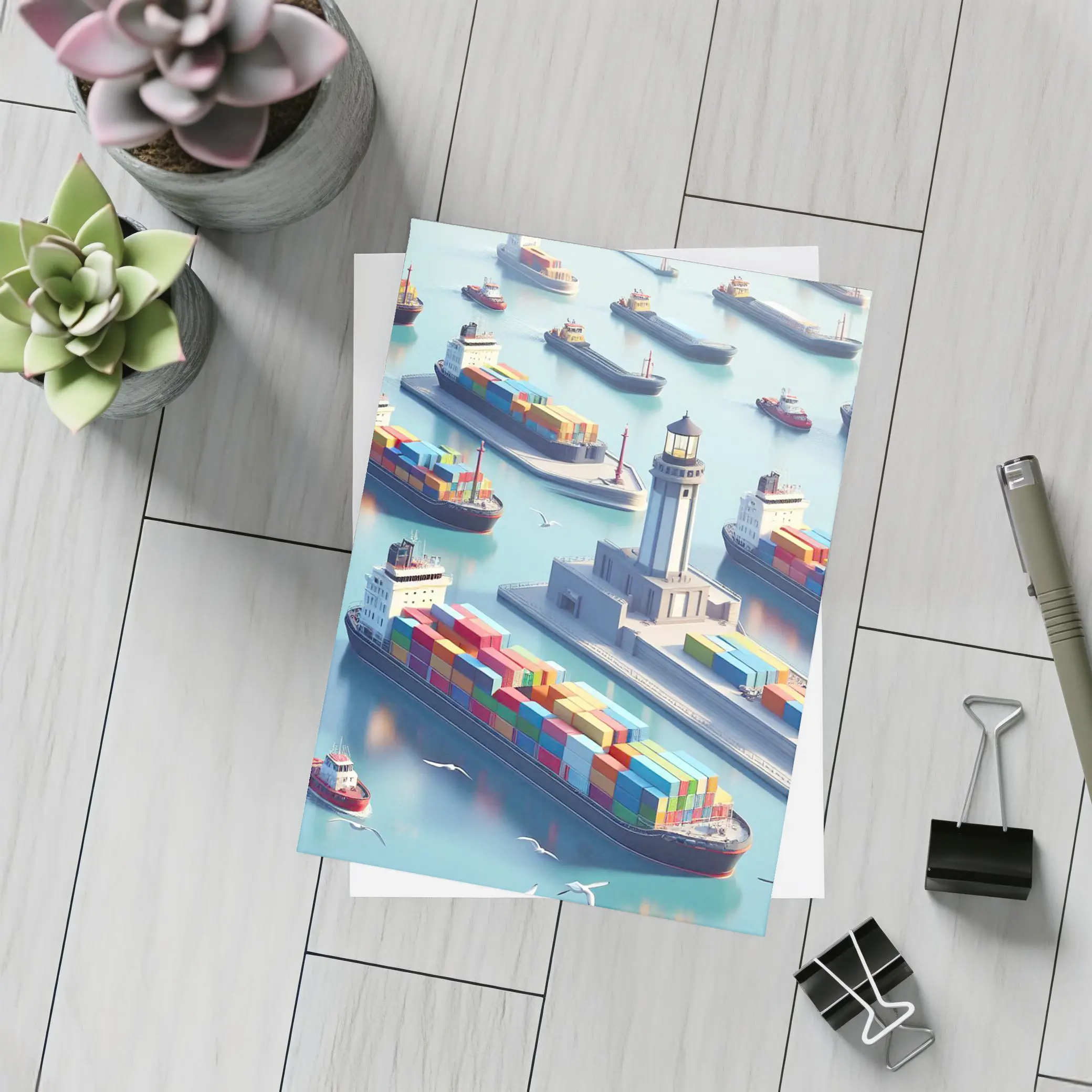 Container Ships Harbor Lighthouse Isometric Art – Postcards