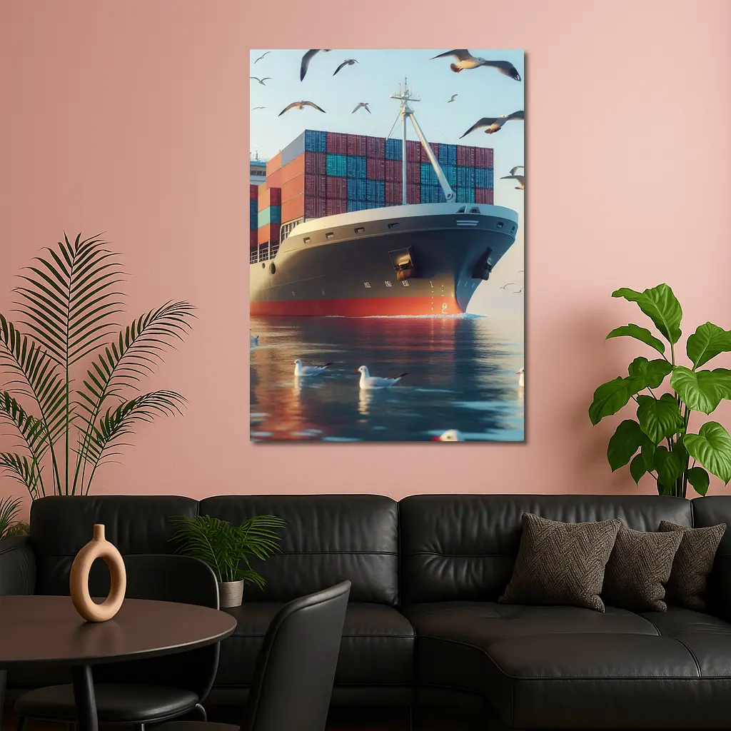Container Ship Sailing With Seagulls Above – Wall Art