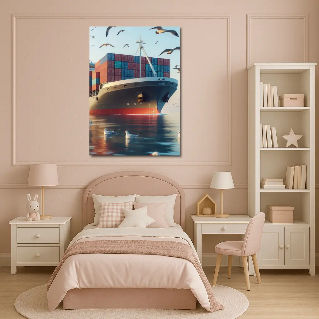 Container Ship Sailing With Seagulls Above – Wall Art