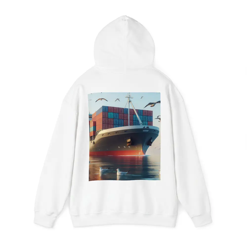 Container Ship Sailing With Seagulls Above – Hoodies