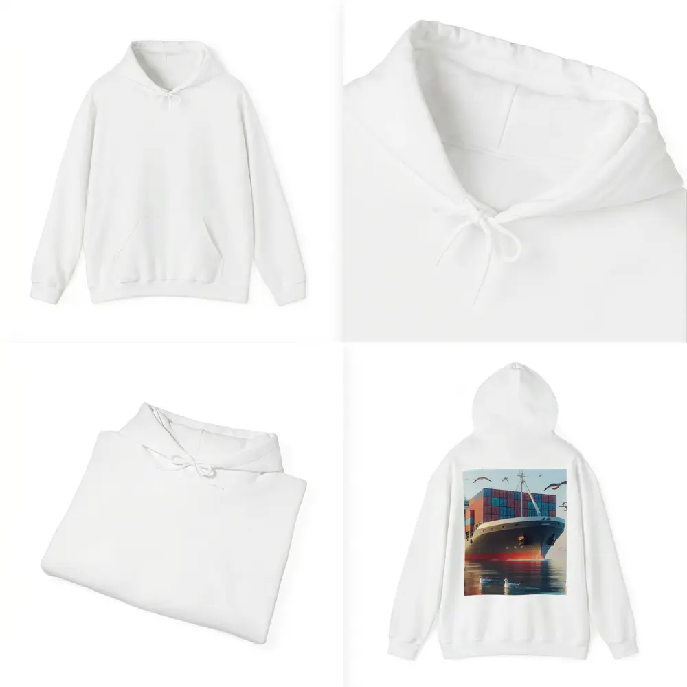 Container Ship Sailing With Seagulls Above – Hoodies