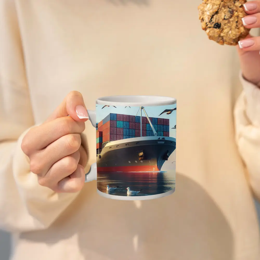 Container Ship Sailing With Seagulls Above – Mugs