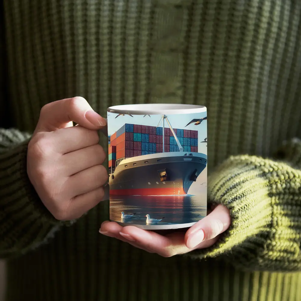 Container Ship Sailing With Seagulls Above – Mugs